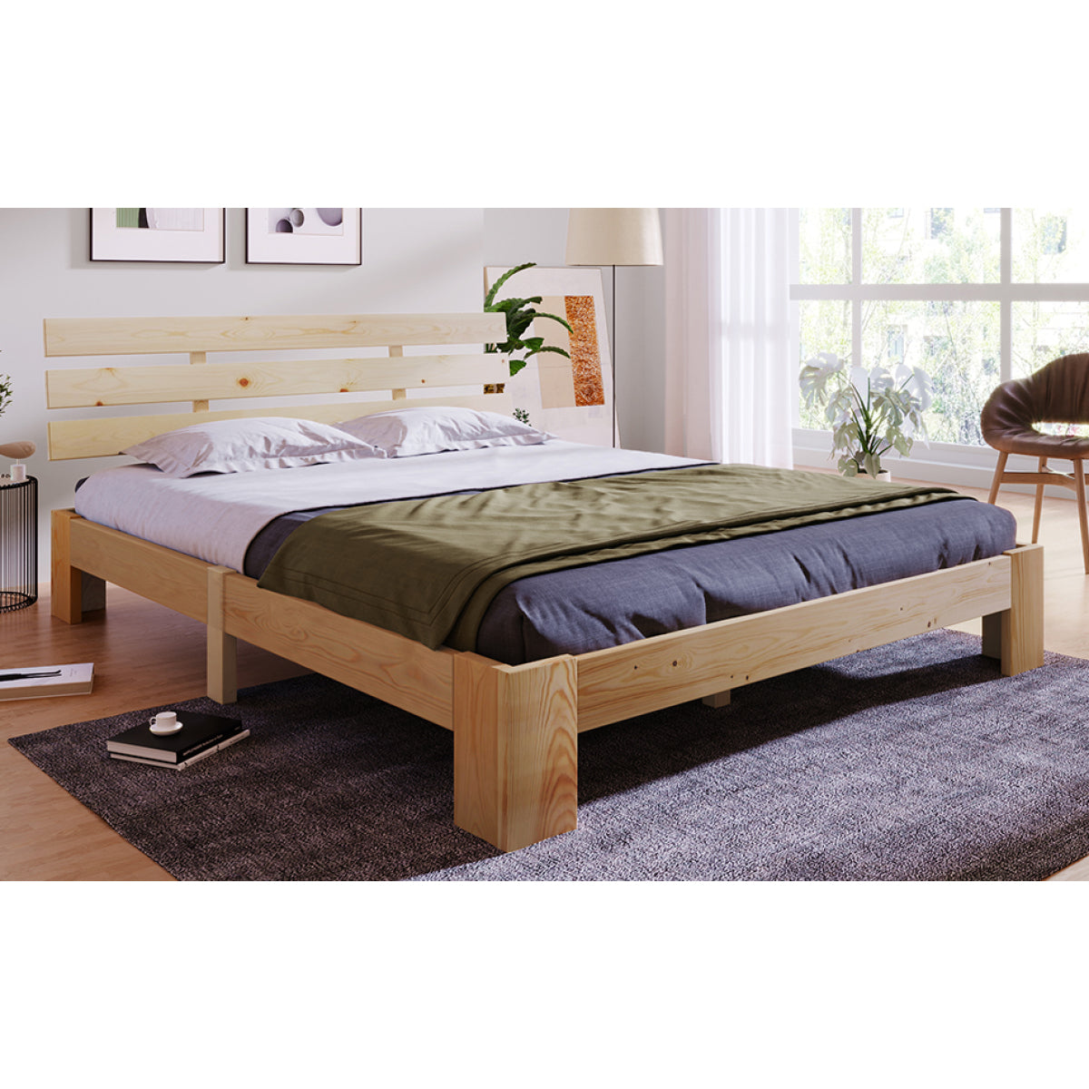 Bett 140x200 Holzbett Kiefer Massiv, Bettgestell mit Lattenrost, 150kg Tragkraft, Stauraum 18cm, Natur