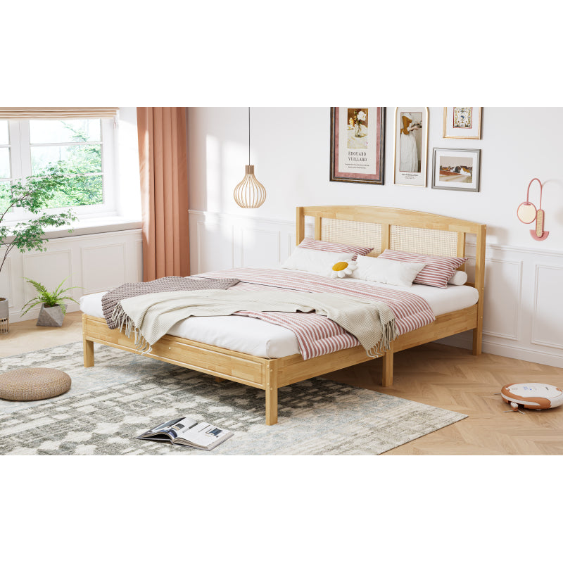 Doppelbett, Rattanbett, Jugendbett Erwachsenenbett 160X200cm, Rattannetzkissen, mit 15 Latten und Mittelfüße, Kiefer + PE-Rattan, Natur