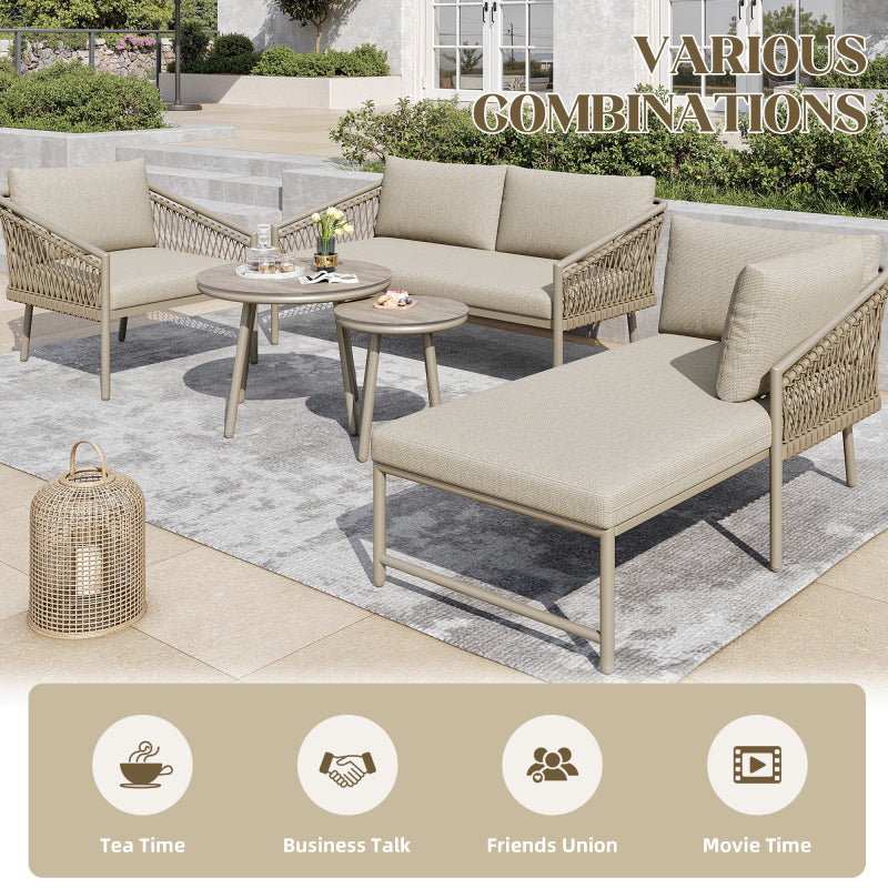 Garten Lounge Set, Seil Gartenmöbel Set, Modernes Outdoor Sofa Set Handgewebtes Seil, Inklusive Aller Sitz- Und Rückenkissen, Balkonset, Garten Und Terrasse, Khaki