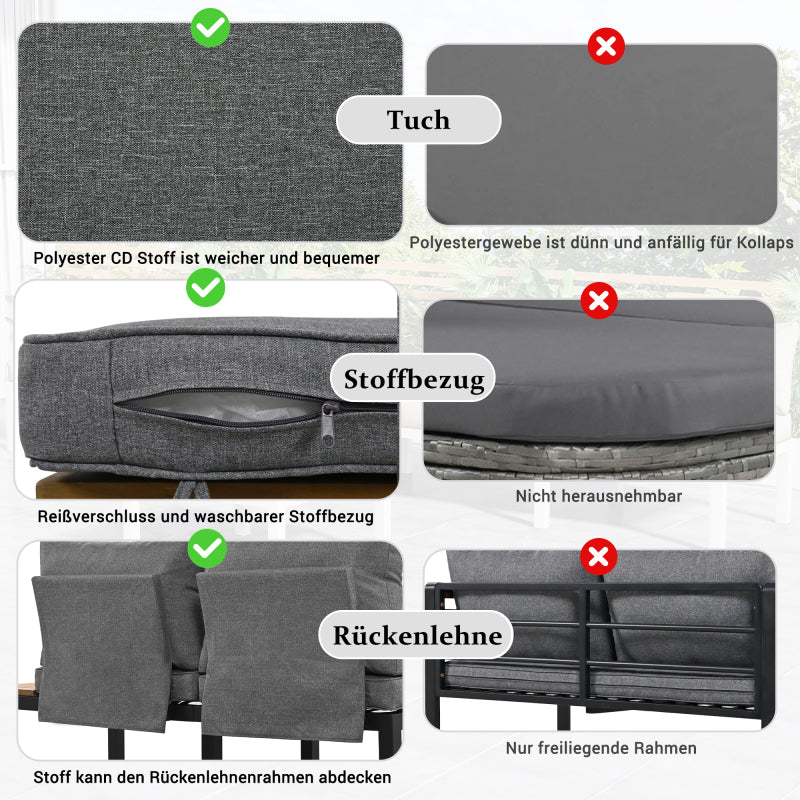 Garten-Lounge-Set (2 Zweisitzer, 2 Beistelltische, 1 Tisch), Tischplatte aus massiver Akazie, Stoffbezug für Rückenlehne, grau(previous sku:HW00005AAE)