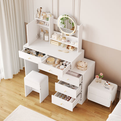 Schminktisch Weiß 90 cm mit LED Spiegel (dimmbar, 3 Farben), Frisiertisch mit 5 Schubladen & Schrank