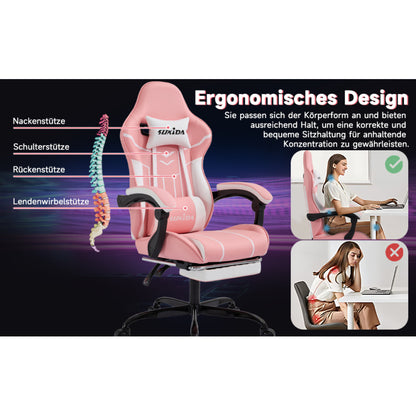 Gaming Stuhl Computerstuhl Ergonomischer Gaming Chair mit Fußstütze Bürostuhl Ergonomischer Computerstuhl mit Lendenwirbelstütze Pinkwhite
