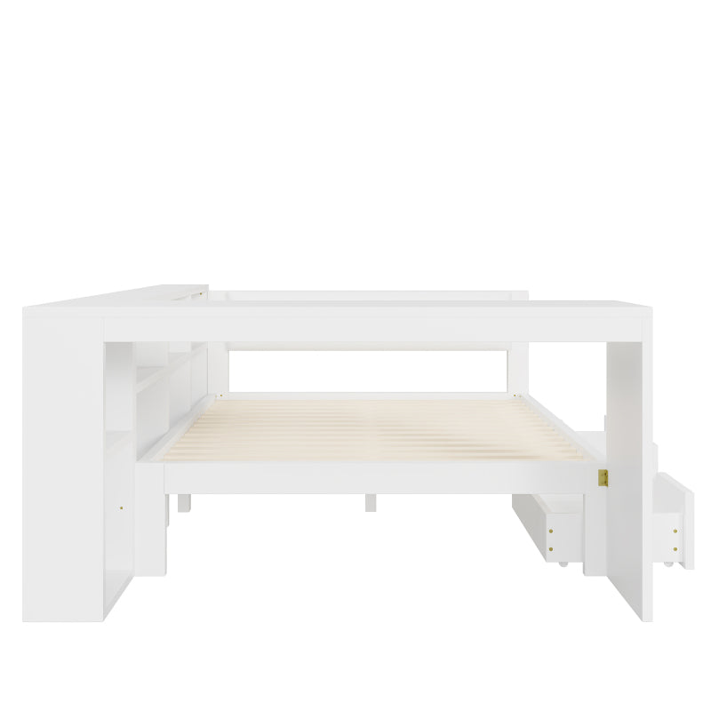 140x200 Holz-Plattformbett mit Ablageflächen, Schubladen, Ladestation und gepolstertem Kopfteil, Mit bunten LED-Leuchten, Weiß