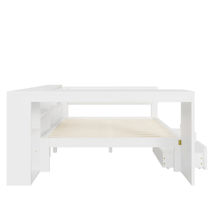 140x200 Holz-Plattformbett mit Ablageflächen, Schubladen, Ladestation und gepolstertem Kopfteil, Mit bunten LED-Leuchten, Weiß