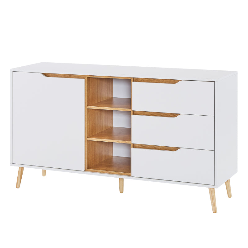 Modernes weißes Sideboard mit Einlegeböden, 3 Schubladen und offenem Stauraum, mit Kippschutz-Design – geeignet für Küche, Esszimmer und Wohnzimmer