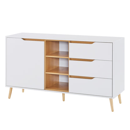 Modernes weißes Sideboard mit Einlegeböden, 3 Schubladen und offenem Stauraum, mit Kippschutz-Design – geeignet für Küche, Esszimmer und Wohnzimmer