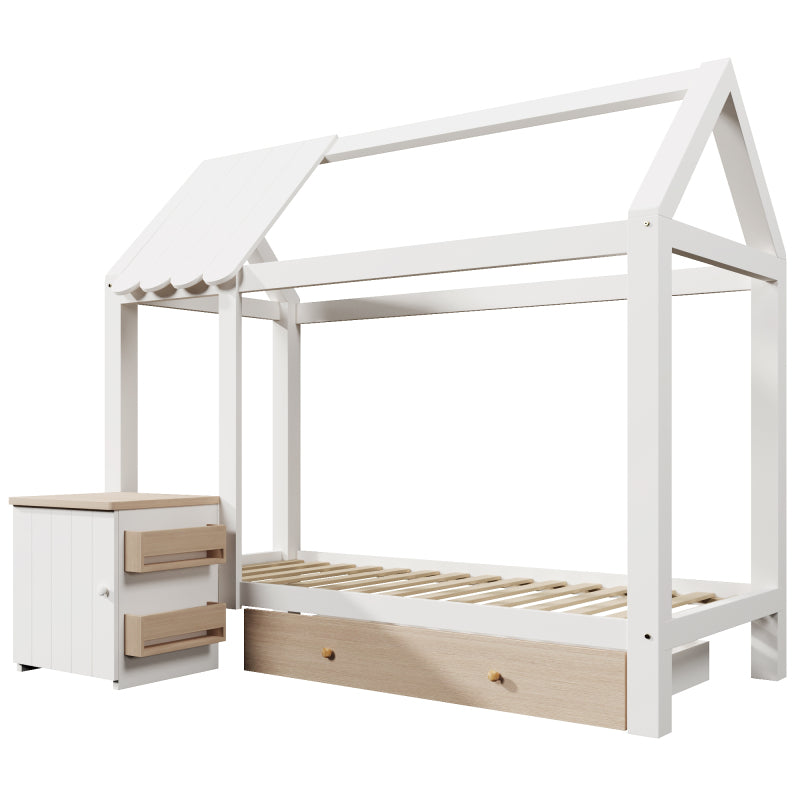 Hausbett Kinderbett 90x200 cm aus Massivholz mit Schubladen & abnehmbarem Nachttisch - Bodenbett in Weiß und Eichenweiß, ohne Matratze