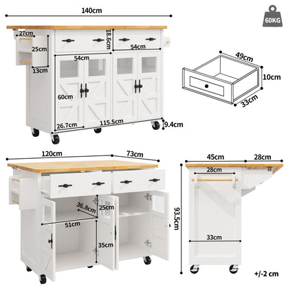 Kücheninsel mit Rollen & Glastüren, klappbare Arbeitsplatte, mobiler Servierwagen mit Schublade & Regal, Küchenwagen Weiß & Holzoptik