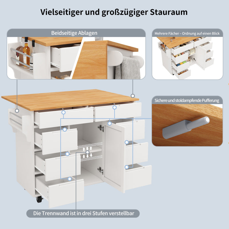 Moderne Kücheninsel, Küchenschrank, Ausziehbarer Küchenwagen mit Rollen und Arbeitsplatte, Servierwagen mit Gewürzregal und 8 Schubladen, weiß
