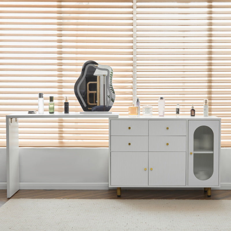 Schminktisch, Kosmetiktisch-Set mit Spiegel und Beleuchtung, ausziehbare Tischplatte, links-rechts wechselbar, 3-farbige LED-Beleuchtung, Maße: B100/H74.5/T40 cm (ohne Hocker)