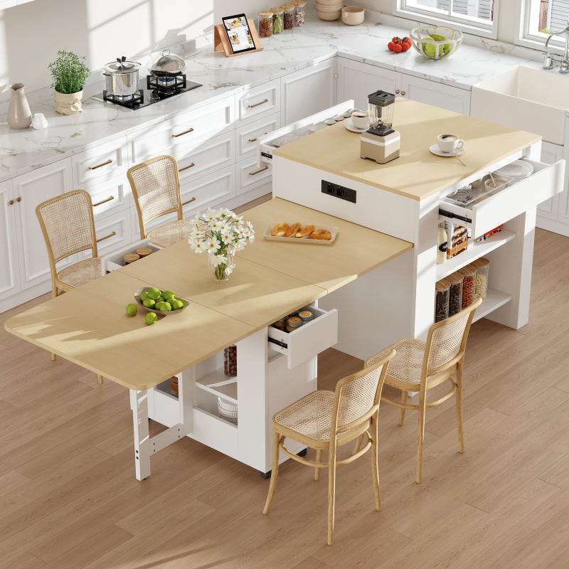 Ausziehbarer Bartisch mit Stauraum(110-124×78×97.5cm), für 2-6 Personen, Kücheninseln mit 2 Schubladen, 2 seitliche offene Regale und eingebaute Steckdose,Tischplatte aus weiß marmoriertem MDF,Weiß