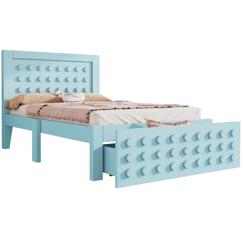 Holzbett Einzelbett 90x200 cm, Kinderbett Jugendbett mit Kreativem Block Design, Massivholz Bettgestell mit Lattenrost, mit Schubladen & Unterm Bett Stauraum, Ohne Matratze
