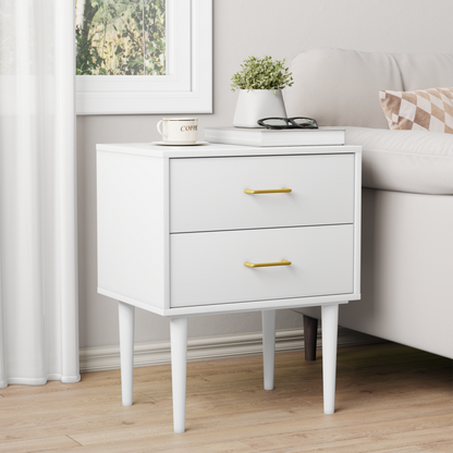 Weißer Nachttisch mit 2-Schubladen, Schlafzimmer Nachttisch, moderner Nachttisch mit Holzbeinen,1 Stück
