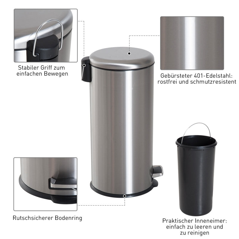 Treteimer 30L Edelstahl Pedal-Mülleimer mit Inneneimer Klappdeckel hygienisch und silber für Küche und Badezimmer