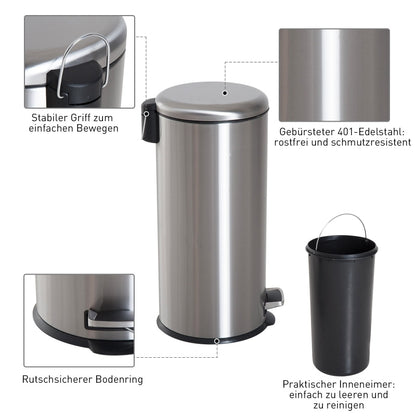 Treteimer 30L Edelstahl Pedal-Mülleimer mit Inneneimer Klappdeckel hygienisch und silber für Küche und Badezimmer