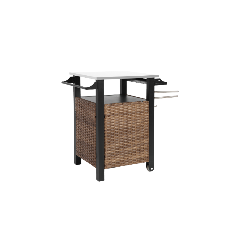 Single door bar cart,Outdoor Kitchen Wicker Island Rolling Cart & Storage Cabinet, Wheels and Stainless Steel Extended Table Top, Side Handle for Patio Kitchen or Bar Cart, Brown
