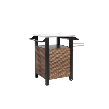 Single door bar cart,Outdoor Kitchen Wicker Island Rolling Cart & Storage Cabinet, Wheels and Stainless Steel Extended Table Top, Side Handle for Patio Kitchen or Bar Cart, Brown