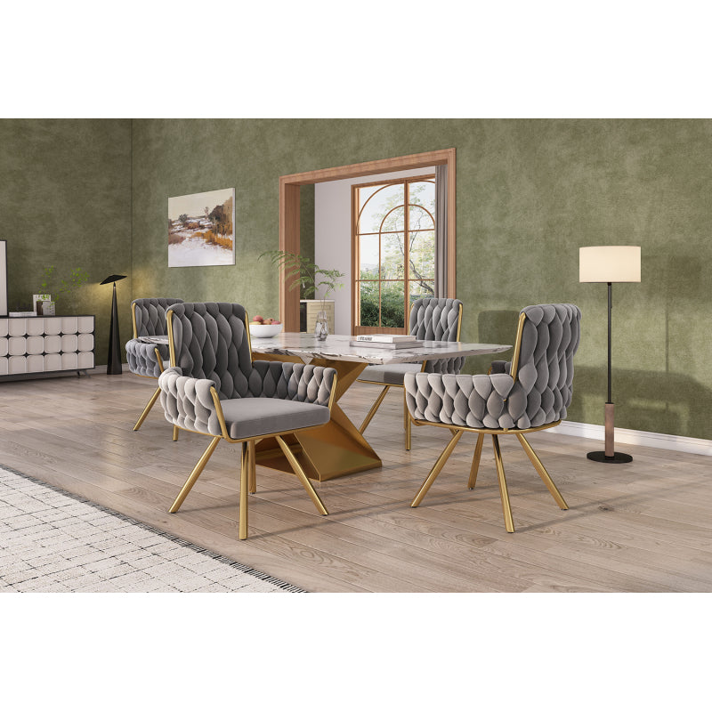 Samt-Esszimmerstuhl, 4er set, Sessel, einzelner luxuriöser Wohn- und Schlafzimmer-Drehstuhl, Freizeit-Drehstuhl mit vier Stützbeinen aus Metall, grau