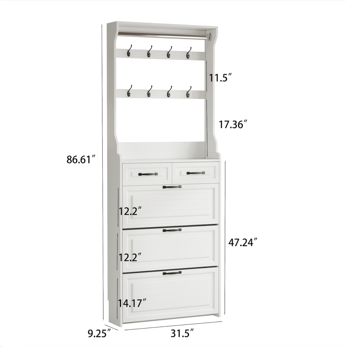 Weißer Schuhschrank mit Aufhänger, 3 Türen 2 Schubladen