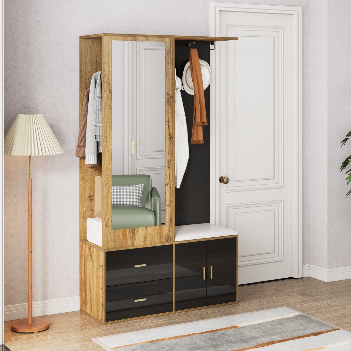 Elegantes Kleiderschrank Set in Schwarz und Holzfarbe mit Spiegel, Schuhschrank, Schuhbank mit Haken und ausziehbaren Kleiderbügeln.
