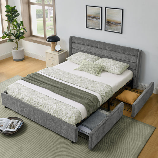 Doppelbett 140×200 cm aus Chenille mit 4 Schubladen, stabiles Bettgestell aus Holz & Metall, ideal für Gäste- & Jugendzimmer, Gray (ohne Matratze)