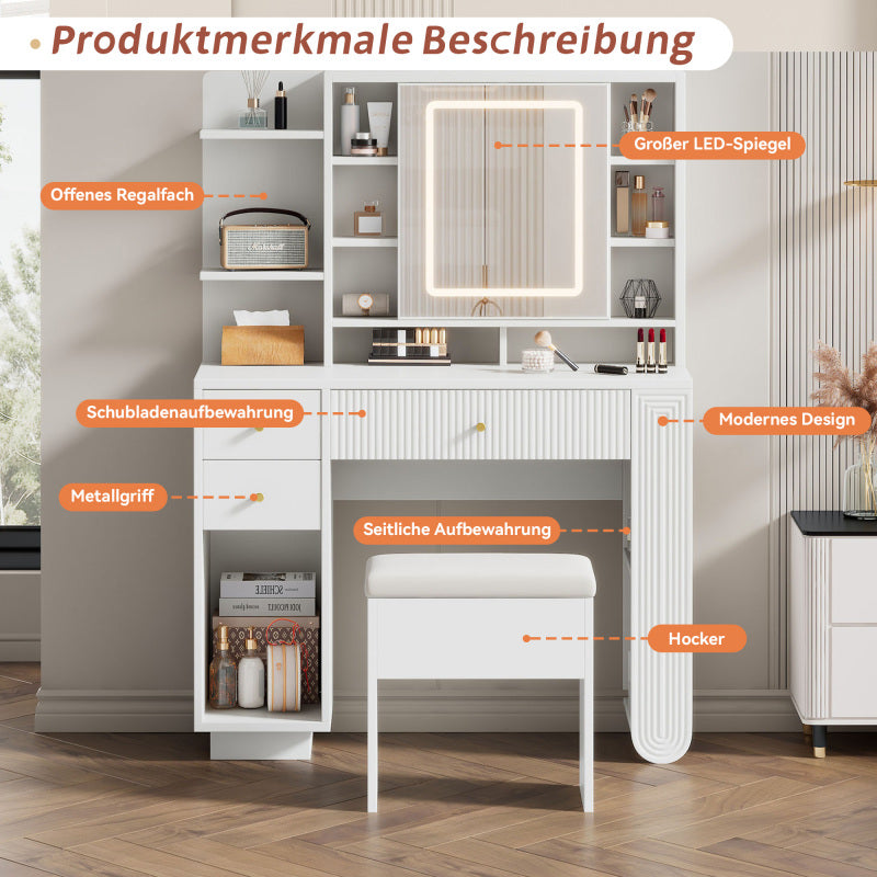 Beleuchteter Schminktisch mit Spiegel & Hocker – Moderner Frisiertisch mit Einstellbarer Helligkeit, Schubladen & Offener Ablage, Weiß, 100×40×138 cm