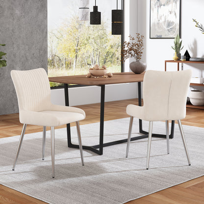 Samt-Esszimmerstuhl, 2er-Set, Lounge-Stuhl mit vier Silberne Metallstützbeinen, Lendenwirbelstütze, Beige