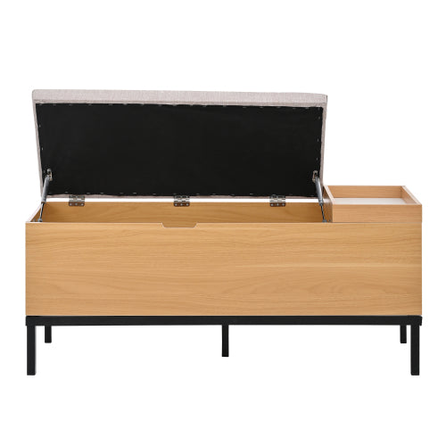 Sitzbank mit Stauraum 115 cm, Gepolsterte Truhenbank Holzoptik Natur, Stoffbezug Hellgrau, Flurbank