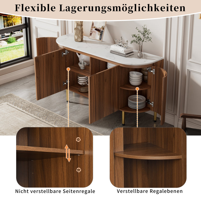 Moderner Bogenförmiger Sideboard mit verstellbaren Regalen und Metallbeinen, ideal für Wohnzimmer und Esszimmer (Nussbaum)