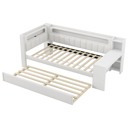 Gepolstertes 90x200 Tagesbett mit USB-Anschlüssen und LED-Gürtel, mit Ausziehbett und Schreibtisch, Weiß