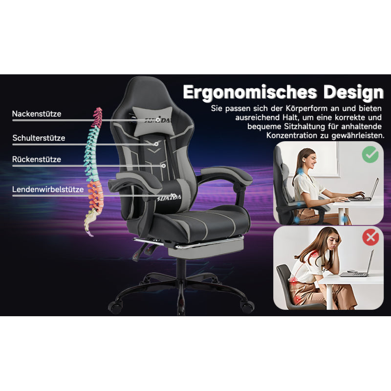 Gaming Stuhl Computerstuhl Ergonomischer Gaming Chair mit Fußstütze Bürostuhl Ergonomischer Computerstuhl mit Lendenwirbelstütze BlackGrey