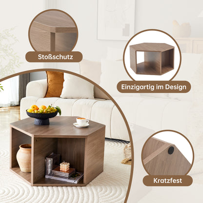 Sechseckiger Couchtisch 79 cm, Walnuss-Optik, Modernes Mid-Century Design