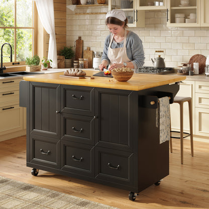 Kücheninsel mit Rollen & klappbarer Arbeitsplatte, Küchenwagen mit 5 Schubladen, Handtuchhalter & Gewürzregal, Sideboard 120cm, Weiß/Schwarz