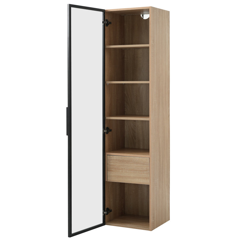 Badezimmerschrank, mittel, mit Lichtleiste, 40 cm breit, mit 1 großen Schubladen und 1 Türen, Glastür
