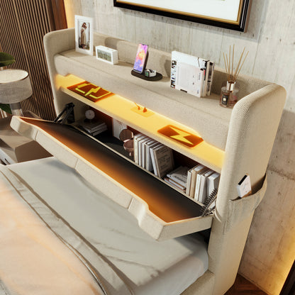 Polsterbett Einzelbett 90*200, Stauraum Kopfteil mit USB und Typ C-Port ,360-Surround-LED-Funktion rund um Kopf- und Fußende des, Betten mit Hydraulisch Stauraum, Beige , Leinen(Ohne Matratze)