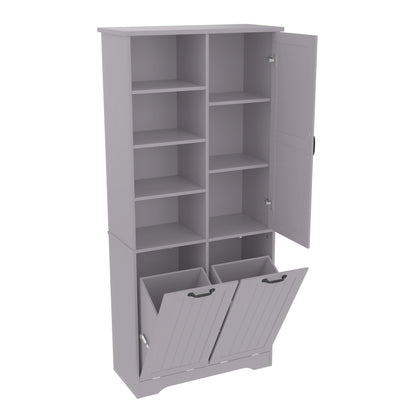 78 x 35 x 172 cm Badezimmerschrank, feuchtigkeitsbeständige Farbe, doppelter Wäschekorb, vier offene Fächer, eine Tür, drei Fächer in der Tür, verstellbare Regale, viel Stauraum, Grau