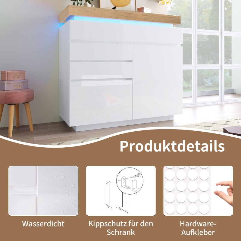 Kommode, Hochglanz Sideboard mit 2 Türen und 3 Schubladen, LED Beleuchtung (App Control), Mehrzweckschrank für Wohnzimmer und Schlafzimmer, 115 x 110 x 39 cm, Weiß