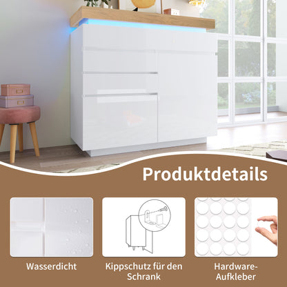 Kommode, Hochglanz Sideboard mit 2 Türen und 3 Schubladen, LED Beleuchtung (App Control), Mehrzweckschrank für Wohnzimmer und Schlafzimmer, 115 x 110 x 39 cm, Weiß