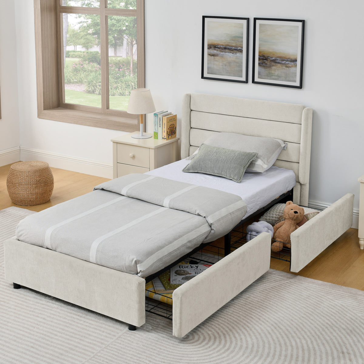 Einzelbett 90×200 cm mit Chenille-Oberfläche & 2 Schubladen, stabiles Bettgestell aus Holz/Metall, ideal für Kinder-, Jugend- & Gästezimmer, Beige (ohne Matratze)