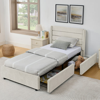 Einzelbett 90×200 cm mit Chenille-Oberfläche & 2 Schubladen, stabiles Bettgestell aus Holz/Metall, ideal für Kinder-, Jugend- & Gästezimmer, Beige (ohne Matratze)