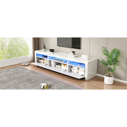 Weißer Hochglanz-TV-Schrank mit LED-Beleuchtung und Stauraum, weißes niedriges Paneel, bietet Platz für 80-Zoll-Fernseher, TV-Unterschrank mit herunterklappbarer Schranktür, 190 x 24 x 40 cm