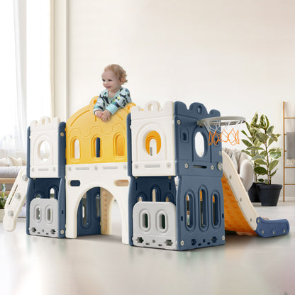 Mein kleines Schloss-Slide Kletterspielzeug für Kinder, 6 in 1 Kinderrutsche, Klettern, Bohrspiel, Stauraum, Spielgang, Basketballrahmen. Hergestellt aus HDPE (Enthält keine Meereskugeln)