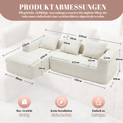 Modernes Sektionssofa, L-Sofa, 3-Sitzer-Sofa, keine Installation erforderlich, Chenille-Sofa mit Chaiselongue und Armlehnen, 3 Kissen, Seitentasche für Fernbedienung, Beige
