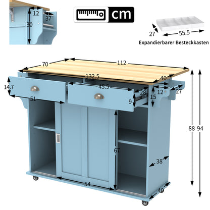 Esswagen/Anrichte, 112x40(70)x94 cm, Blau, Klappbare Massivholzoptik-Arbeitsplatte, mit Ablagetür, Rollen & Auswechselbaren Massivholzfüßen, für Küche & Esszimmer