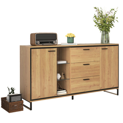Sideboard mit drei Schubladen, exquisite Maserung. Modernes Sideboard in Holzfarbe mit Ablagefächern – stilvolle und funktionale Wohnmöbel. Schwarz und Holzfarbe.