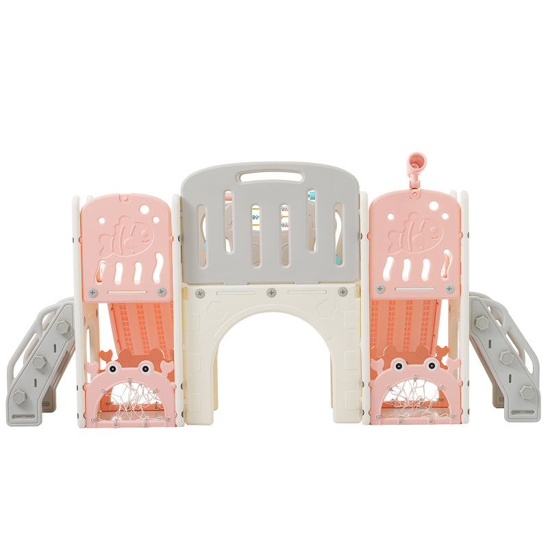 Kinderspielplatz-Set 8-in-1, Freistehendes Meerestier-Motiv-Set mit Rutsche, Bogentunnel, Basketballkorb und Teleskop, Doppelte Rutschen für Kleinkinder, Klettergerüst für Kinder