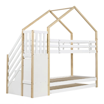 Etagenbett, Ausziehbares Baumhausbett, Schiebebett, Treppe mit 3 Schubladen, Kinderbett mit Absturzsicherung und Kinderbettgitter, mit Lattenroste, Natur+Weiß (90x200cm&90x190cm) [30813567NAA]