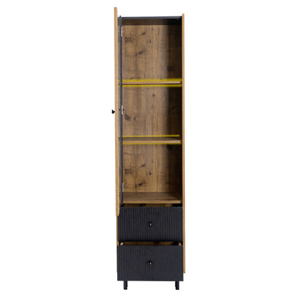 Sideboard, Hochschrank in schwarzer Holzmaserung – 180 x 44 x 40 cm mit Glastür, gelbem LED-Licht, 2 Schubladen