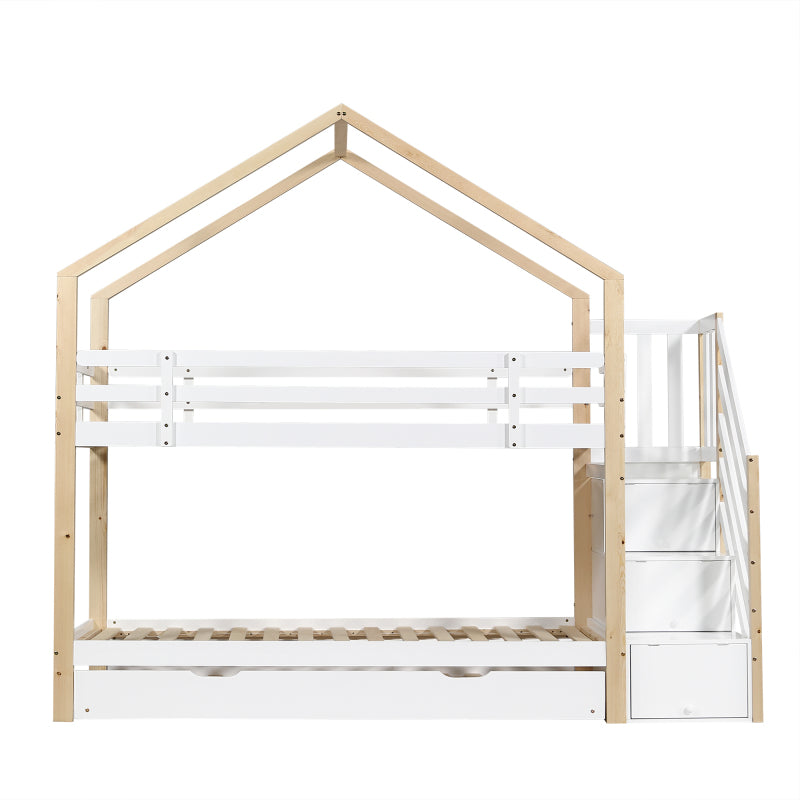 Etagenbett, Ausziehbares Baumhausbett, Schiebebett, Treppe mit 3 Schubladen, Kinderbett mit Absturzsicherung und Kinderbettgitter, mit Lattenroste, Natur+Weiß (90x200cm&90x190cm) [30813567NAA]