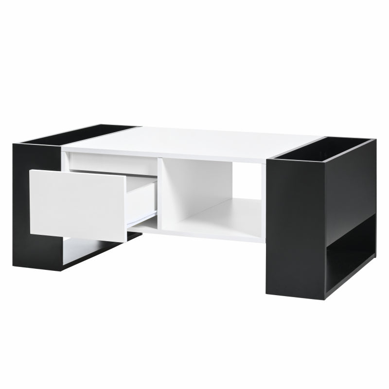 Moderner Couchtisch 105 x 60 x 40,5 cm – Schwarz-Weiß-Design mit hochglänzender Oberfläche, Schublade und 4 offenen Fächern